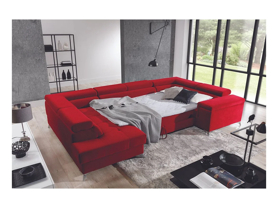 Canapé panoramique convertible tissu noir avec coffre de rangement Triano 342cm-Coffre de rangement à gauche