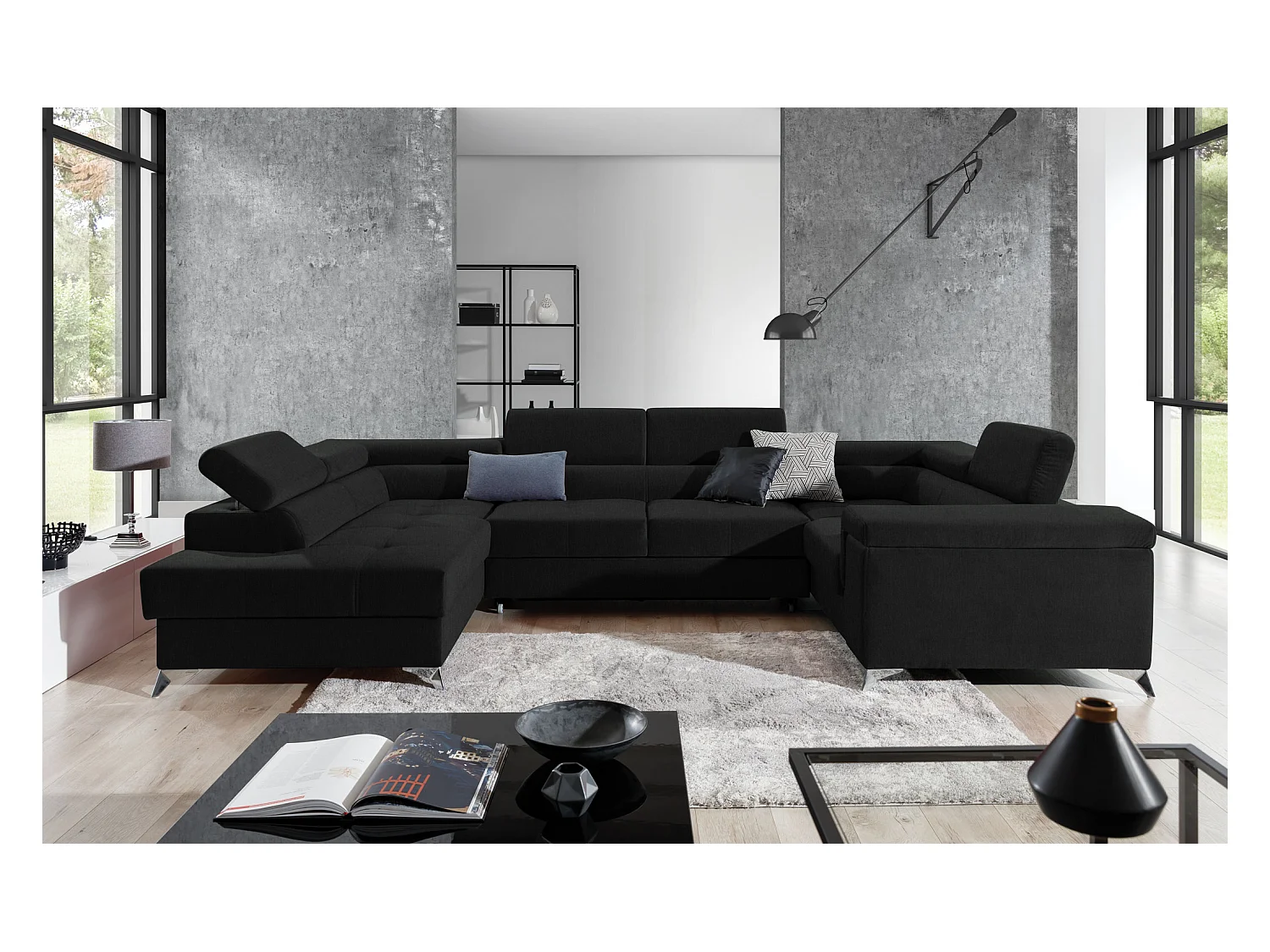 Canapé panoramique convertible tissu noir avec coffre de rangement Triano 342cm-Coffre de rangement à gauche