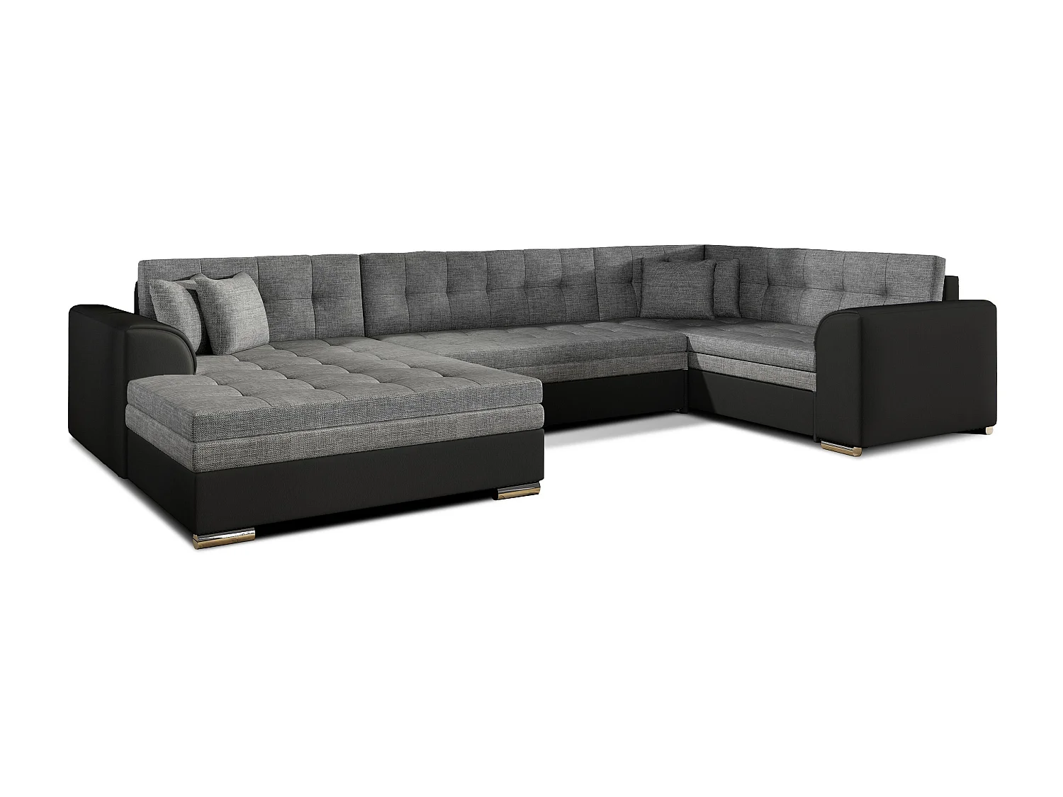 Canapé convertible panoramique tissu gris clair et simili noir méridienne à gauche Diana 340cm