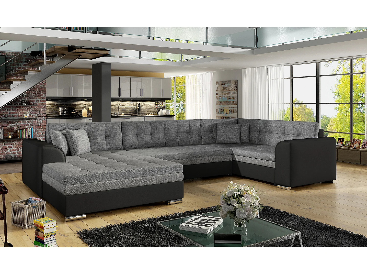 Canapé convertible panoramique tissu gris clair et simili noir méridienne à gauche Diana 340cm