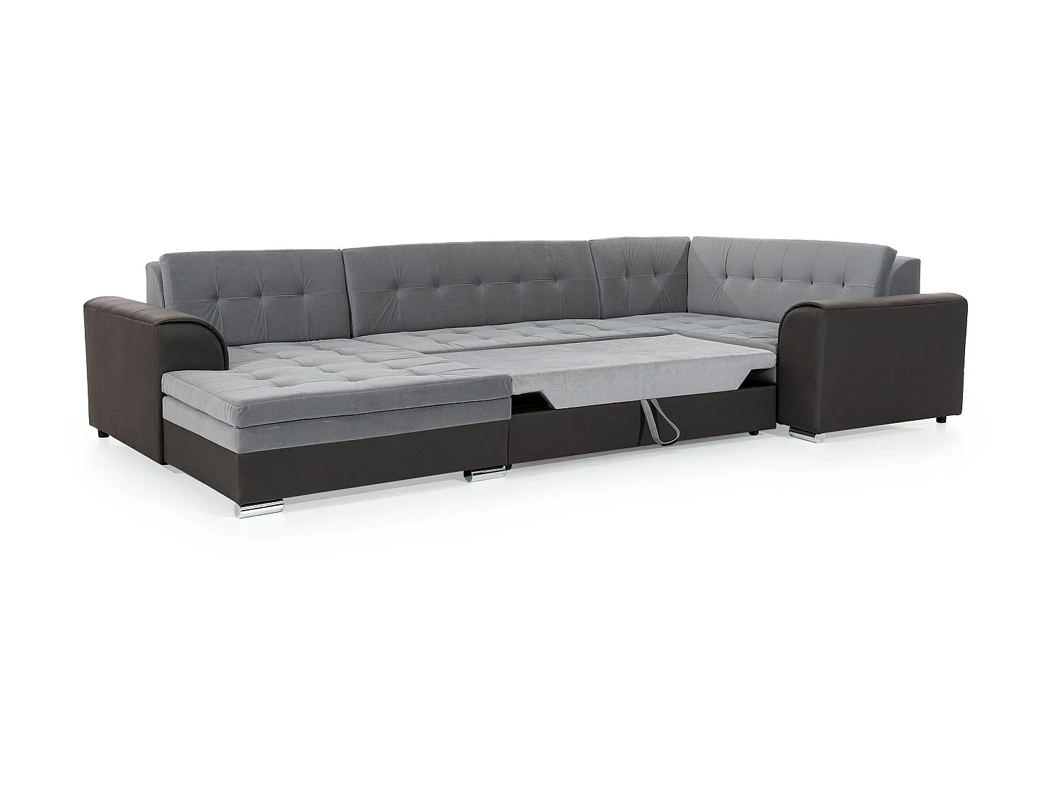Canapé convertible panoramique tissu gris clair et simili noir méridienne à gauche Diana 340cm