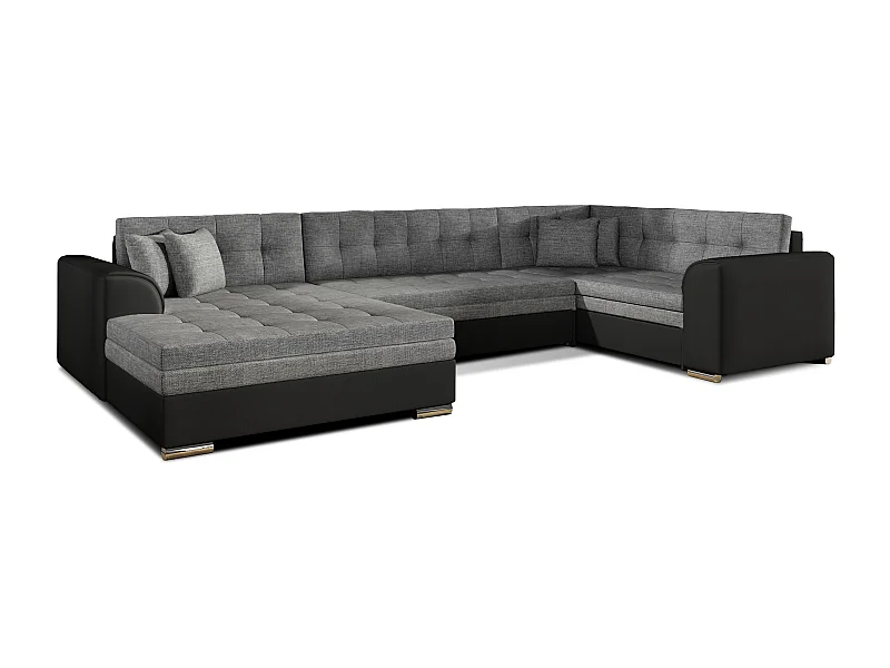 Canapé convertible panoramique tissu gris clair et simili noir méridienne à gauche Diana 340cm