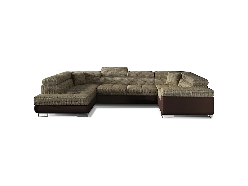 Canapé convertible U gauche tissu beige chiné et simili marron avec coffre de rangement Tovy 340cm
