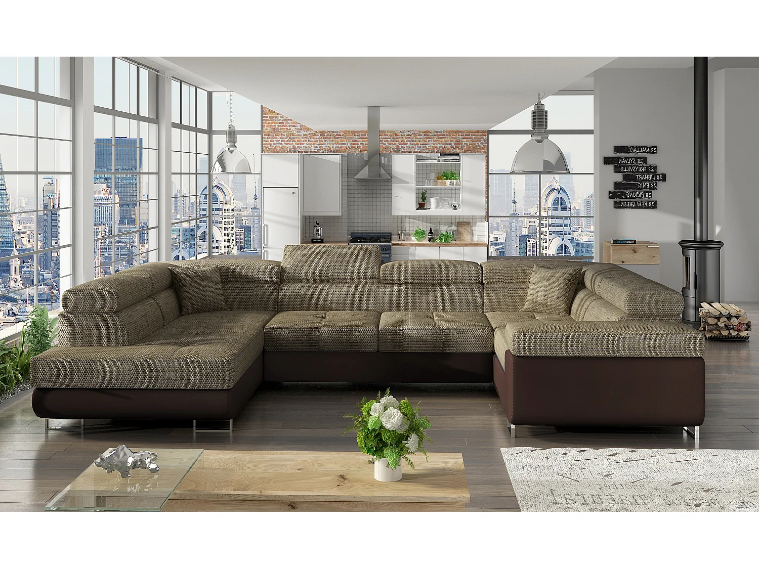 Canapé convertible U gauche tissu beige chiné et simili marron avec coffre de rangement Tovy 340cm