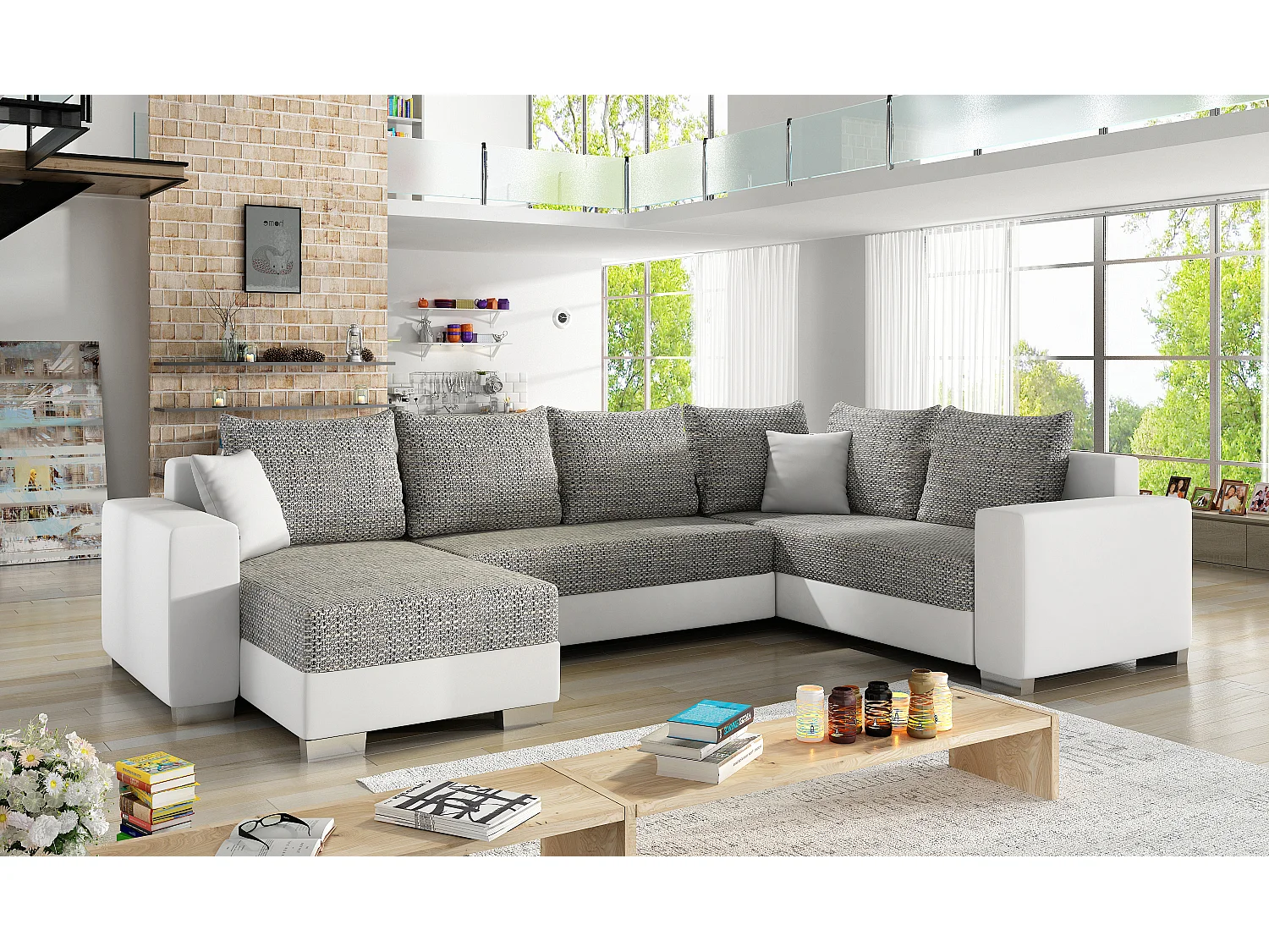 Canapé U convertible tissu gris chiné et simili blanc coffre de rangement à gauche Marry 321cm