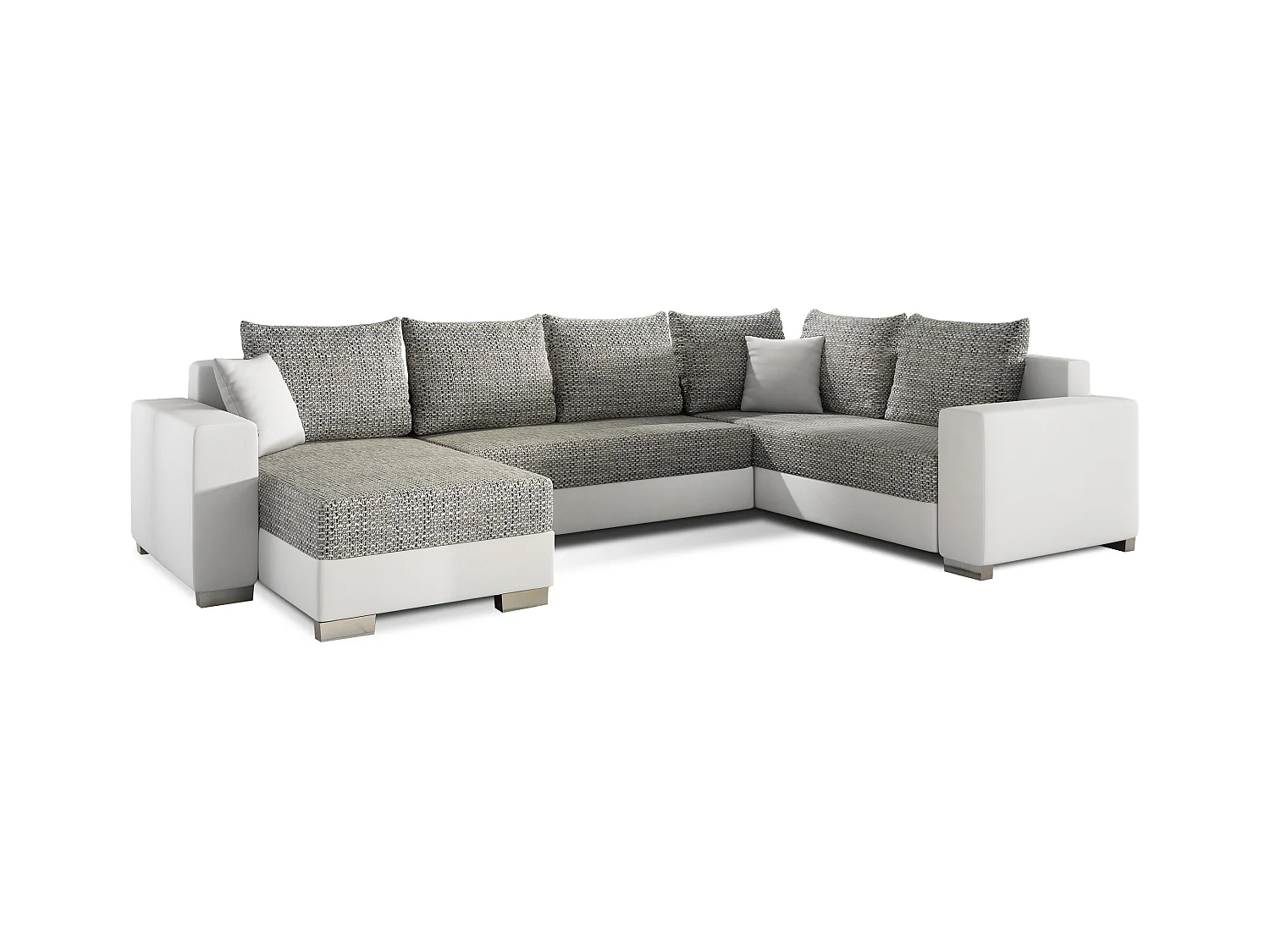 Canapé U convertible tissu gris chiné et simili blanc coffre de rangement à gauche Marry 321cm