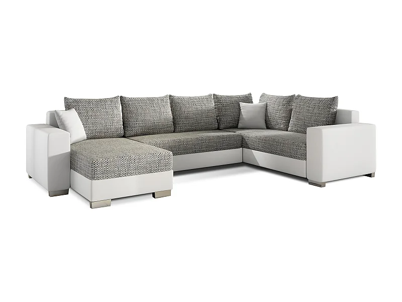 Canapé U convertible tissu gris chiné et simili blanc coffre de rangement à gauche Marry 321cm