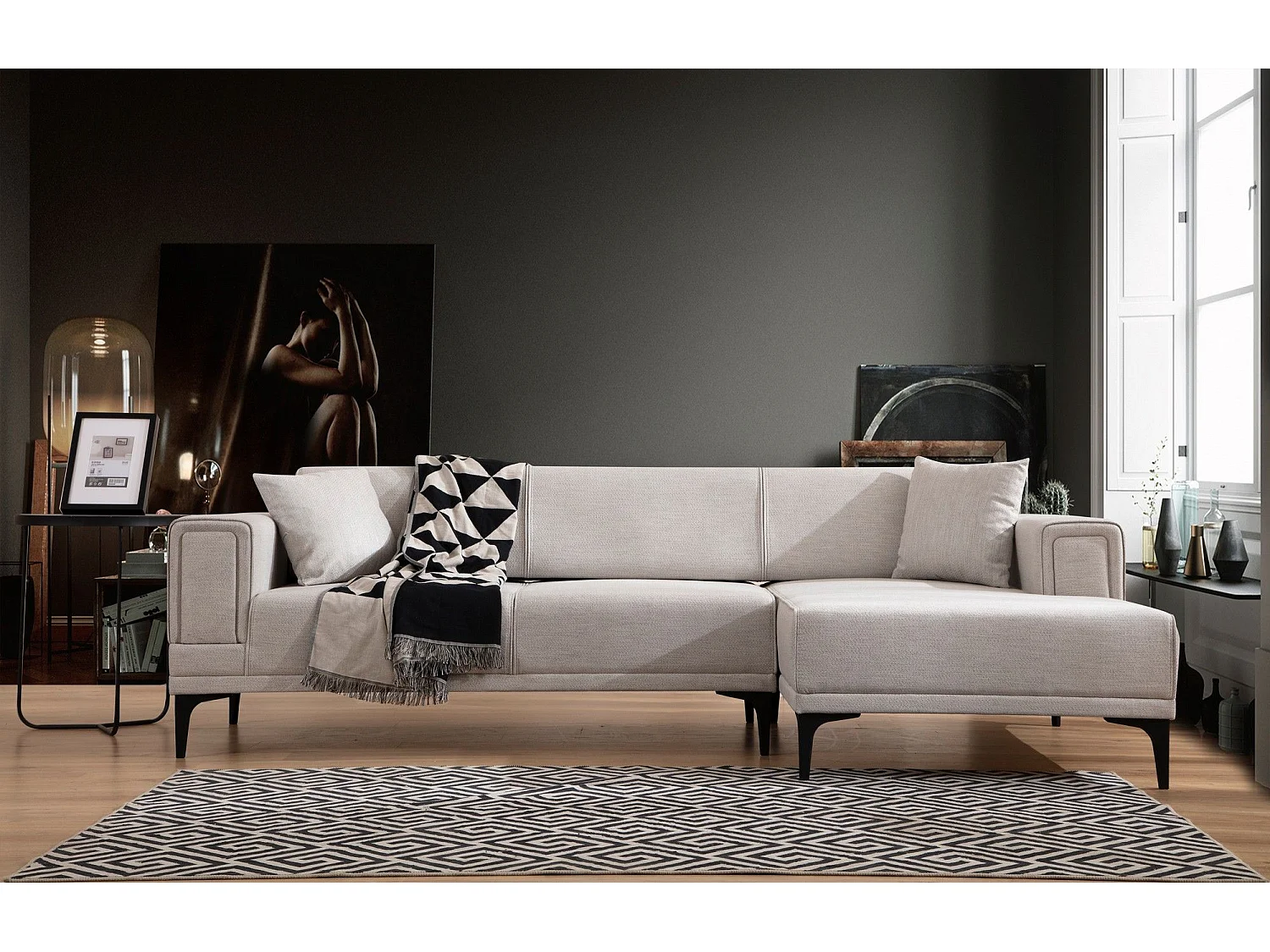 Canapé d'angle convertible méridienne à droite Vertice Tissu toile Beige