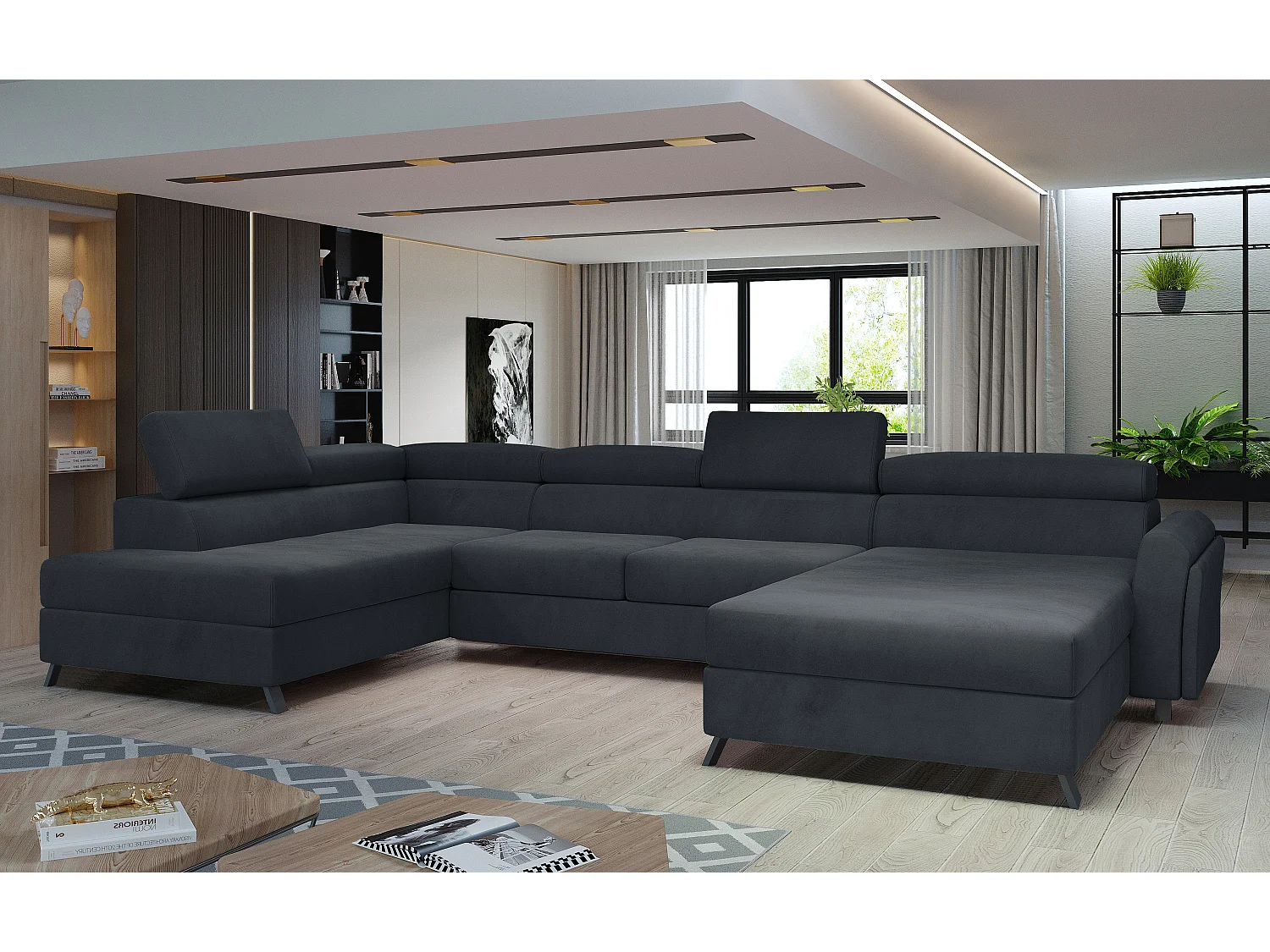 Grand canapé panoramique convertible velours anthracite avec coffre Konba 370cm-Coffre de rangement à gauche