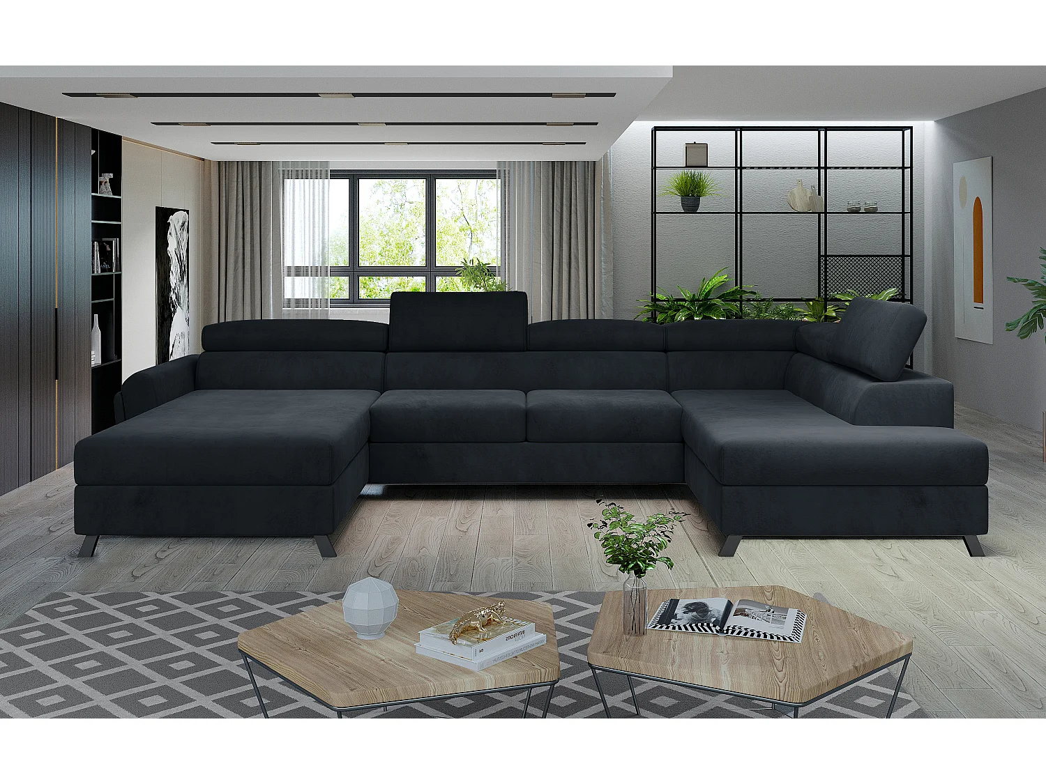 Grand canapé panoramique convertible velours anthracite avec coffre Konba 370cm-Coffre de rangement à gauche