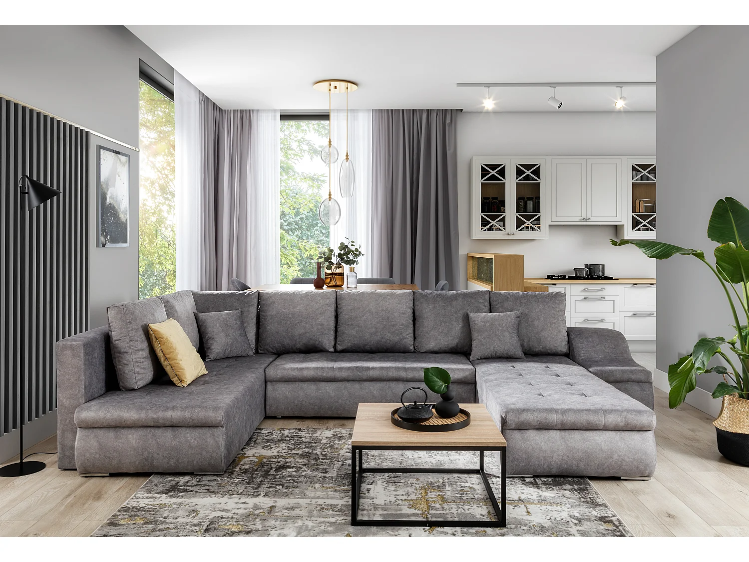 Jonaz bruine stoffen converteerbare panoramische zitbank 340 cm-Dagbed Naar rechts