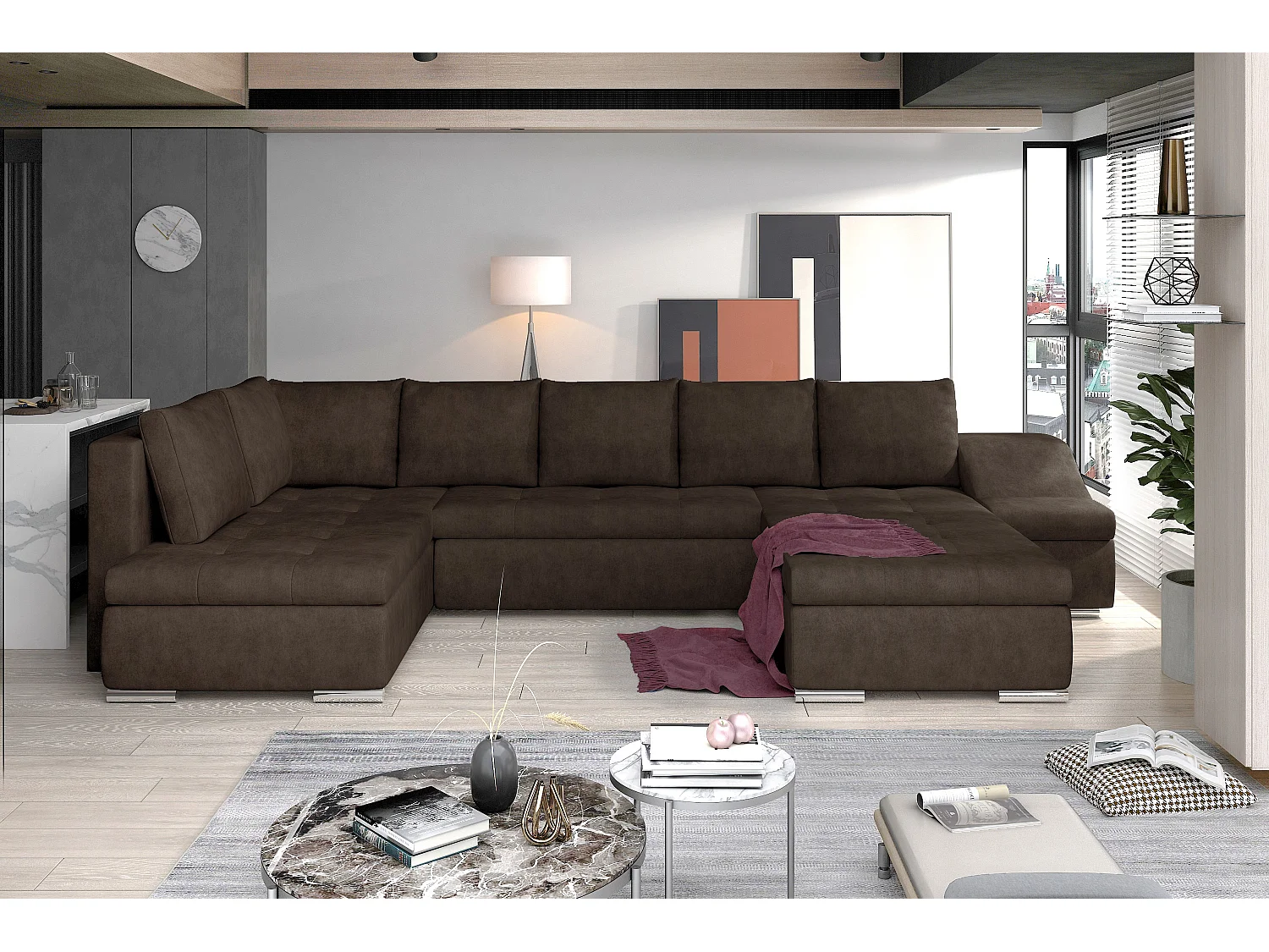 Canapé panoramique convertible tissu marron Jonaz 340cm-Méridienne A droite