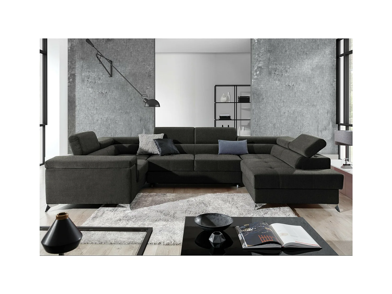 Canapé panoramique convertible tissu anthracite avec coffre de rangement Triano 342cm-Coffre de rangement à droite