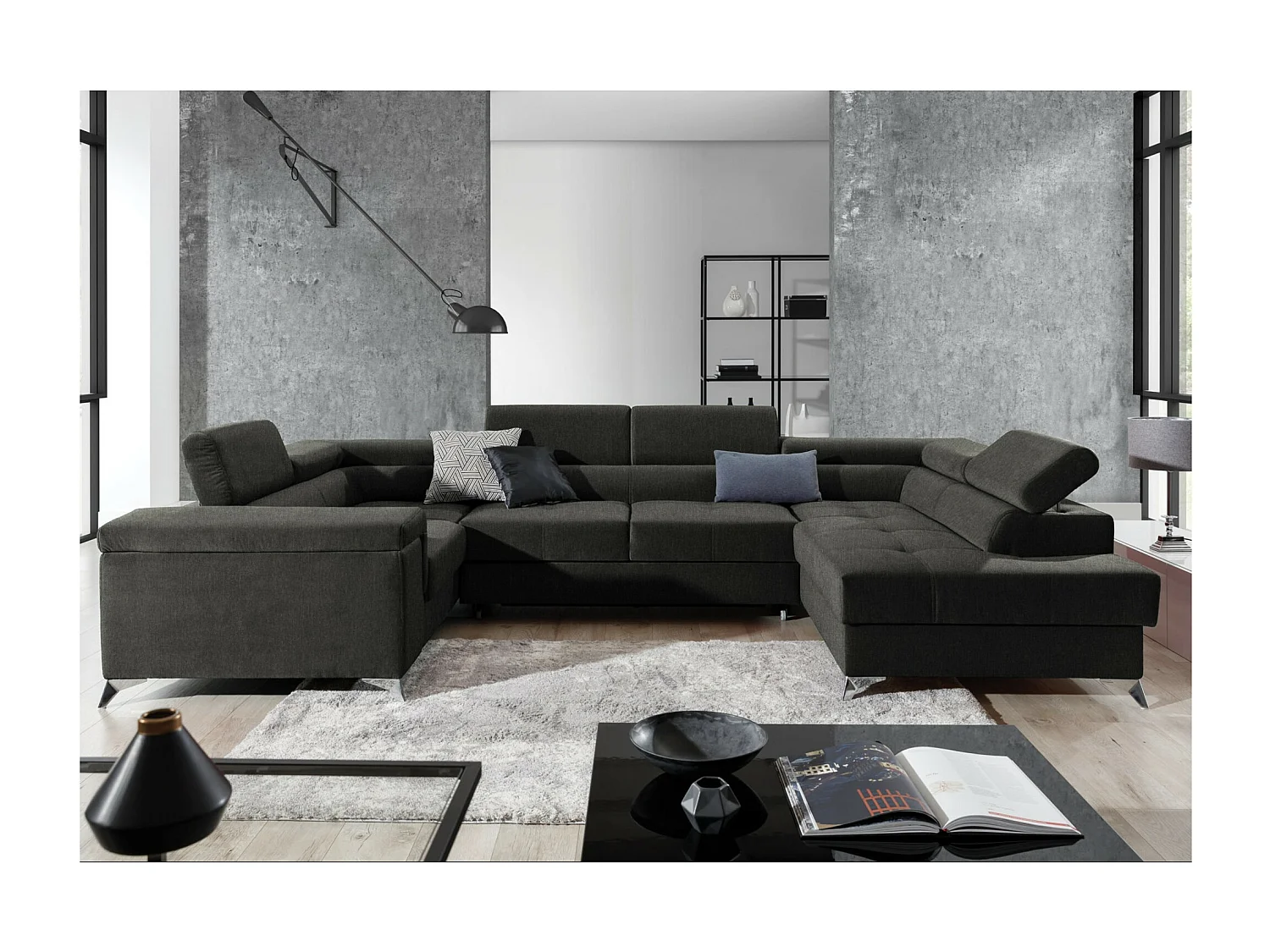 Canapé panoramique convertible tissu anthracite avec coffre de rangement Triano 342cm-Coffre de rangement à droite