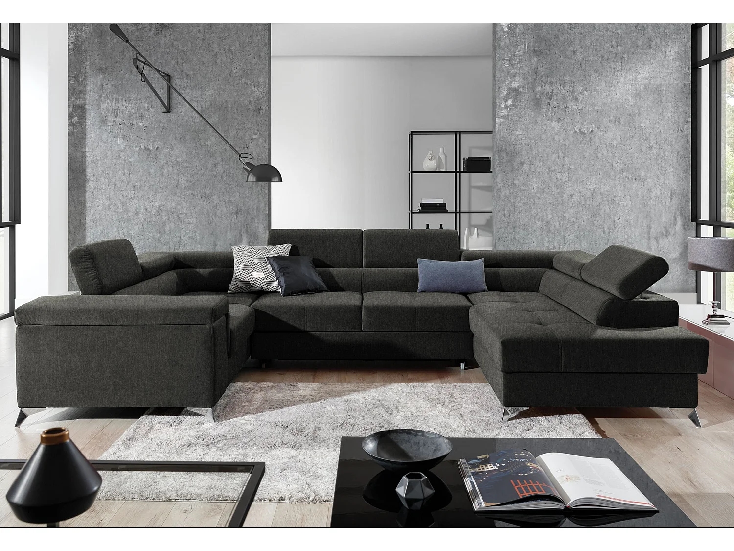 Canapé panoramique convertible tissu anthracite avec coffre de rangement Triano 342cm-Coffre de rangement à droite