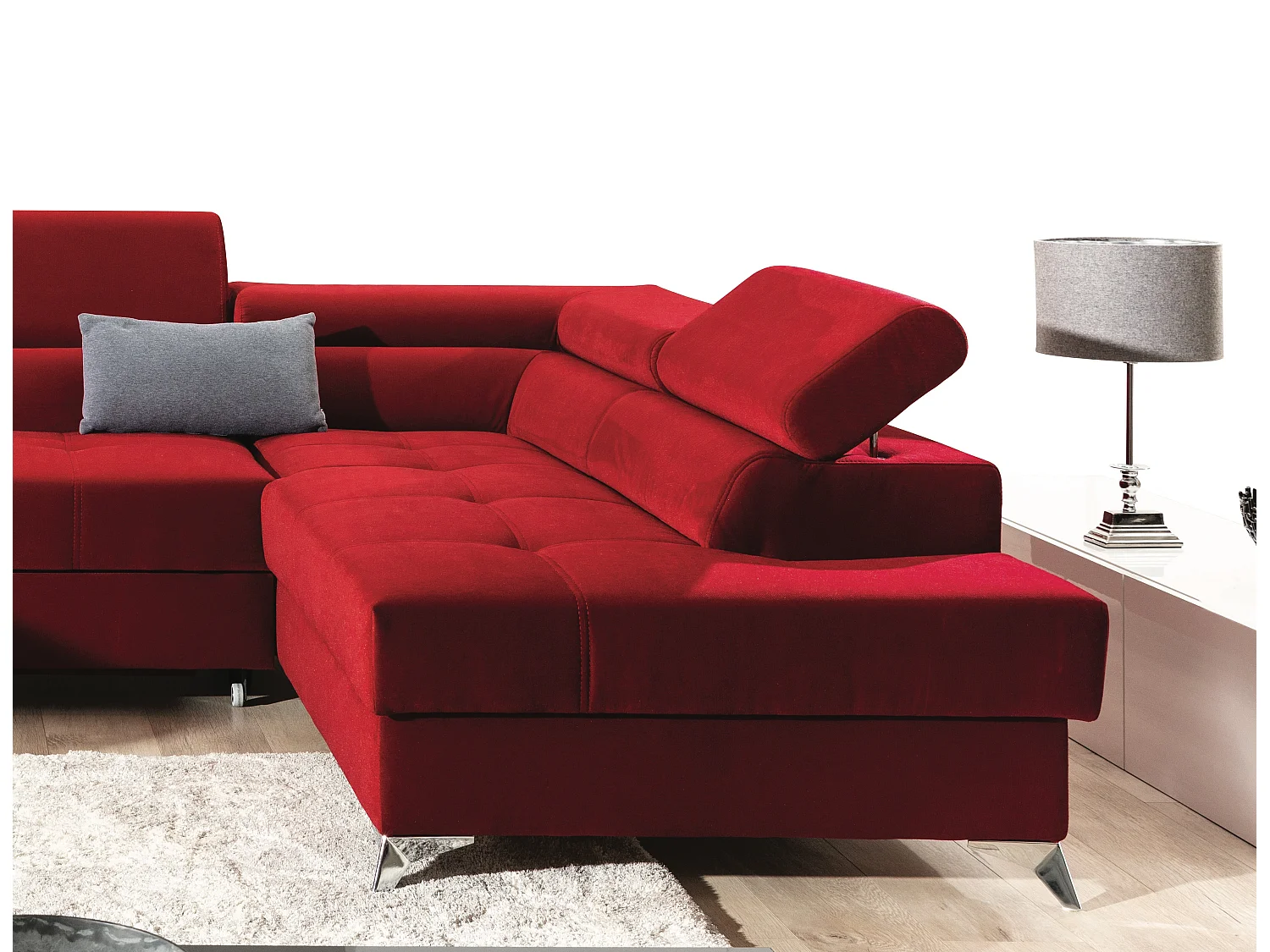 Canapé d'angle panoramique convertible 5 places avec coffre en tissu gris