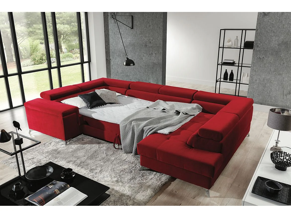 Canapé d'angle panoramique convertible 5 places avec coffre en tissu gris