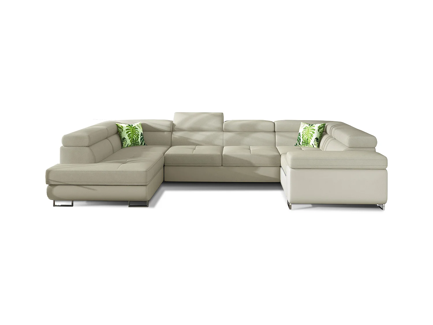 Canapé convertible U gauche tissu et simili beige clair avec coffre de rangement Tovy 340cm