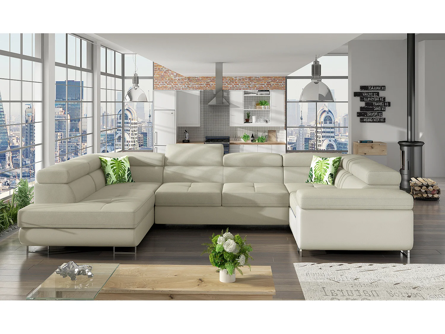 Linker U slaapbank in lichtbeige stof en imitatie met Tovy opbergdoos 340 cm