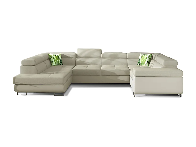 Canapé convertible U gauche tissu et simili beige clair avec coffre de rangement Tovy 340cm