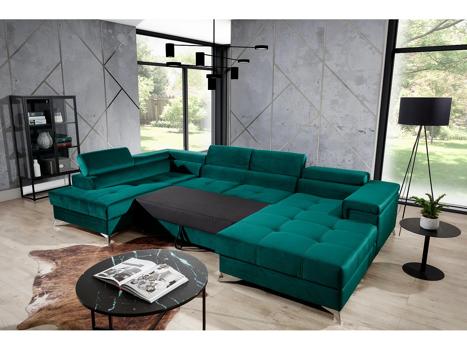 Canapé panoramique bi-matières tissu beige chiné et simili cuir crème coffre de rangement à gauche Kutty 345cm