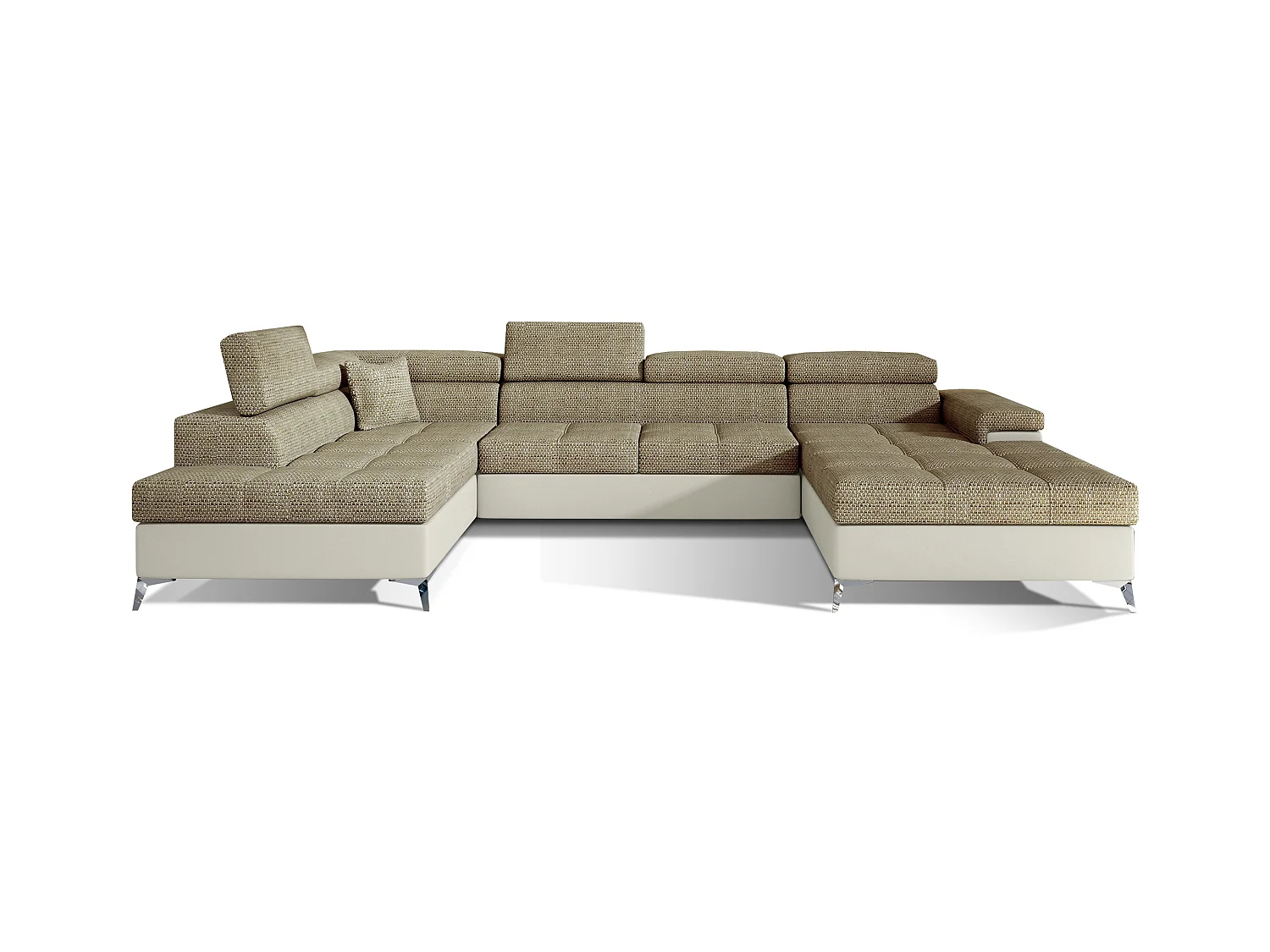 Canapé panoramique bi-matières tissu beige chiné et simili cuir crème coffre de rangement à gauche Kutty 345cm