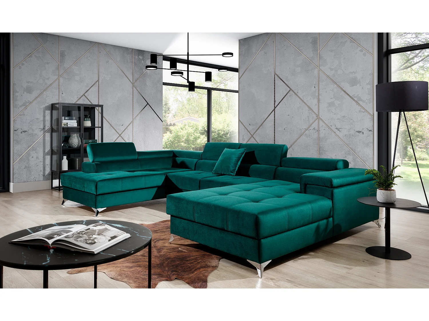 Canapé panoramique bi-matières tissu beige chiné et simili cuir crème coffre de rangement à gauche Kutty 345cm