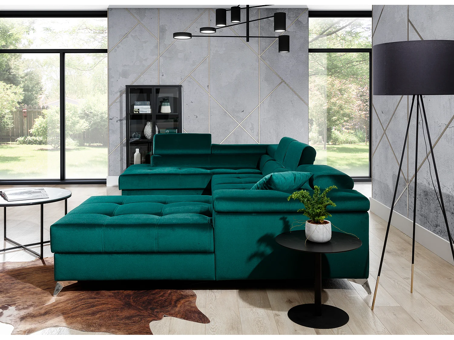 Canapé panoramique bi-matières tissu beige chiné et simili cuir crème coffre de rangement à gauche Kutty 345cm