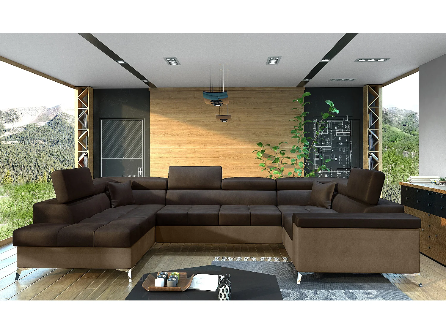 Sofá panorámico convertible TRIANO en terciopelo, con almacenaje y reposacabezas ajustables-Marrón claro/Marrón oscuro-Caja Lado izquierdo