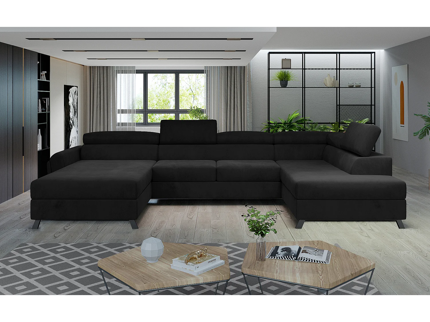 Grand canapé panoramique convertible velours noir avec coffre Konba 370cm-Coffre de rangement à gauche