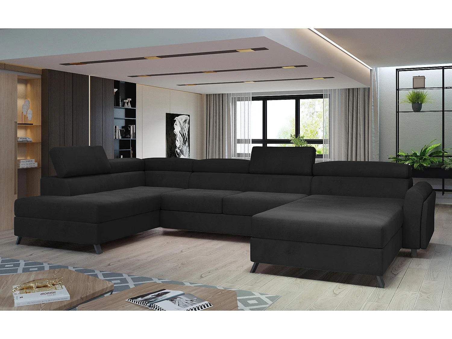 Grand canapé panoramique convertible velours noir avec coffre Konba 370cm-Coffre de rangement à gauche