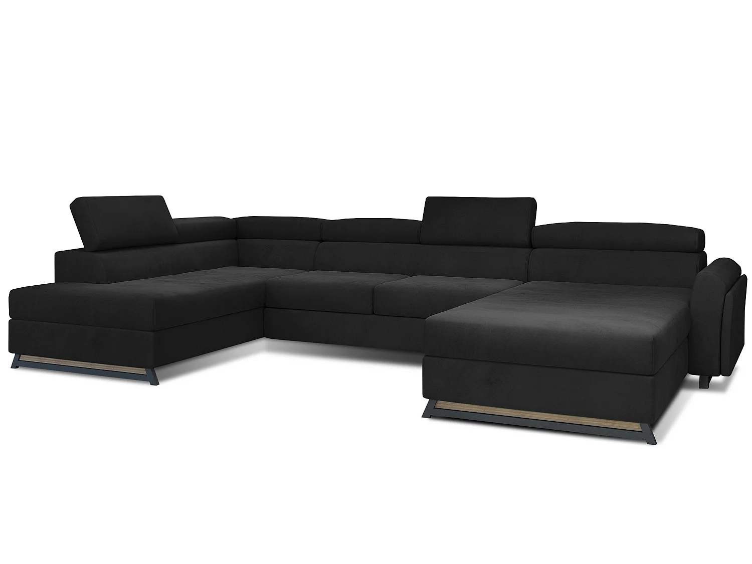 Grand canapé panoramique convertible velours noir avec coffre Konba 370cm-Coffre de rangement à gauche