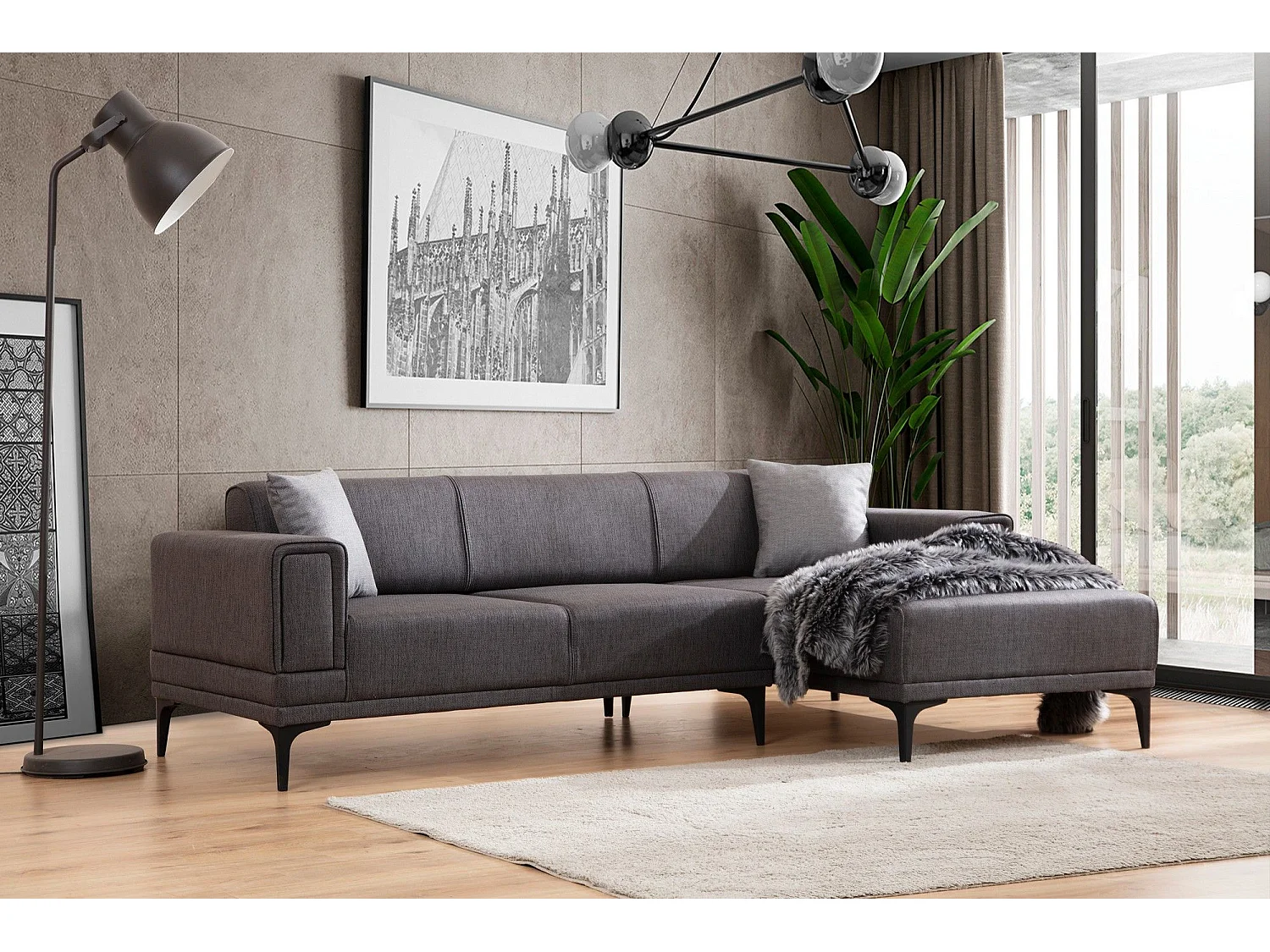 Canapé d'angle convertible méridienne à droite Vertice Tissu toile Gris foncé