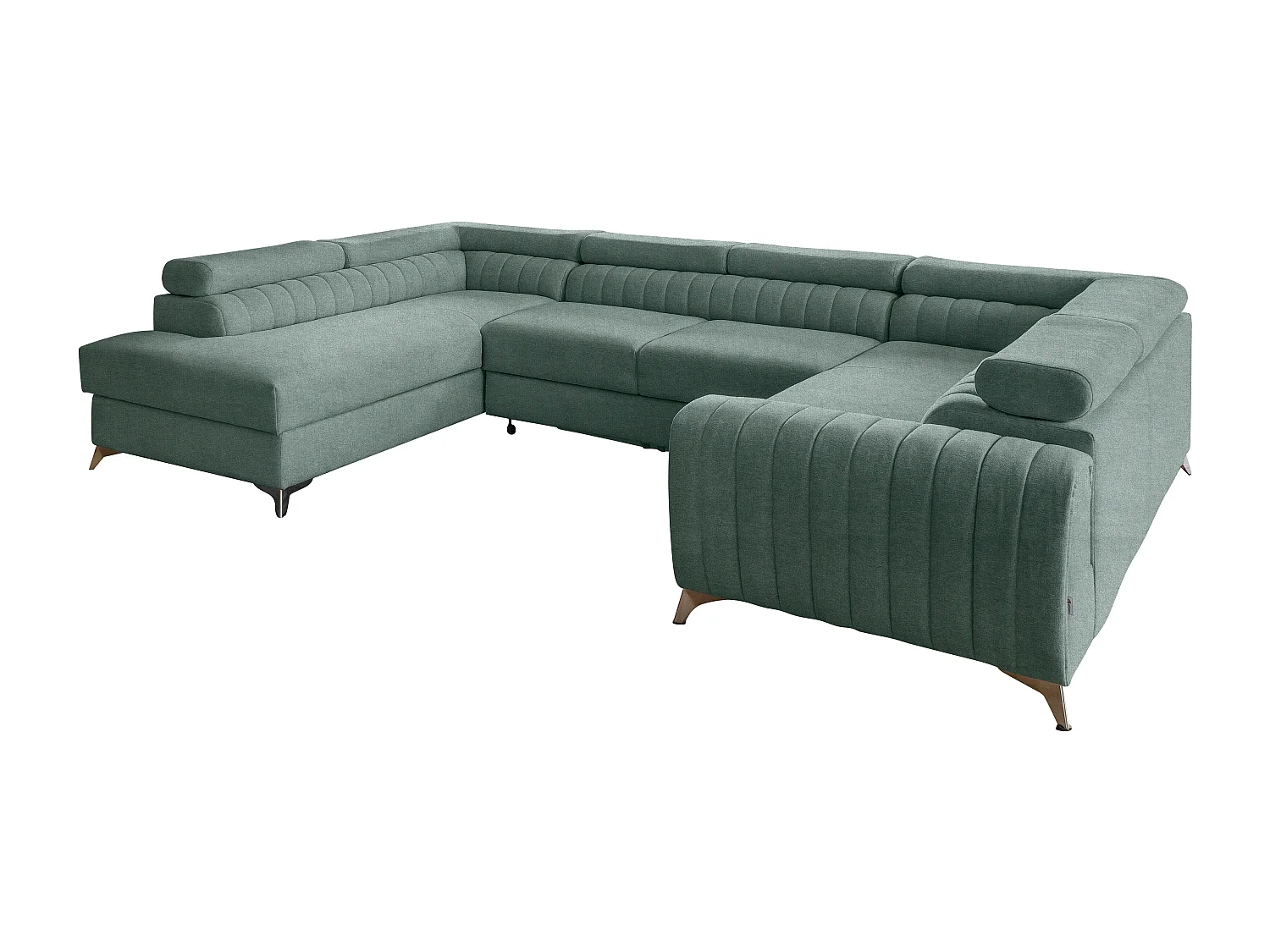 Canapé panoramique convertible tissu vert emeraude avec coffre de rangement Louve 340cm-Coffre de rangement à gauche