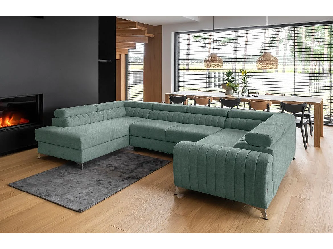 Canapé panoramique convertible tissu vert emeraude avec coffre de rangement Louve 340cm-Coffre de rangement à gauche
