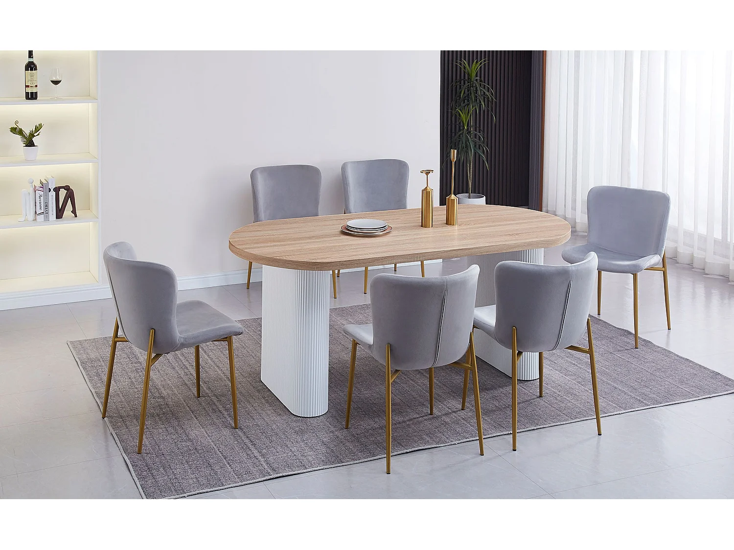 Table ovale Burundi avec pieds design style colonnes Bois Sonoma et Blanc
