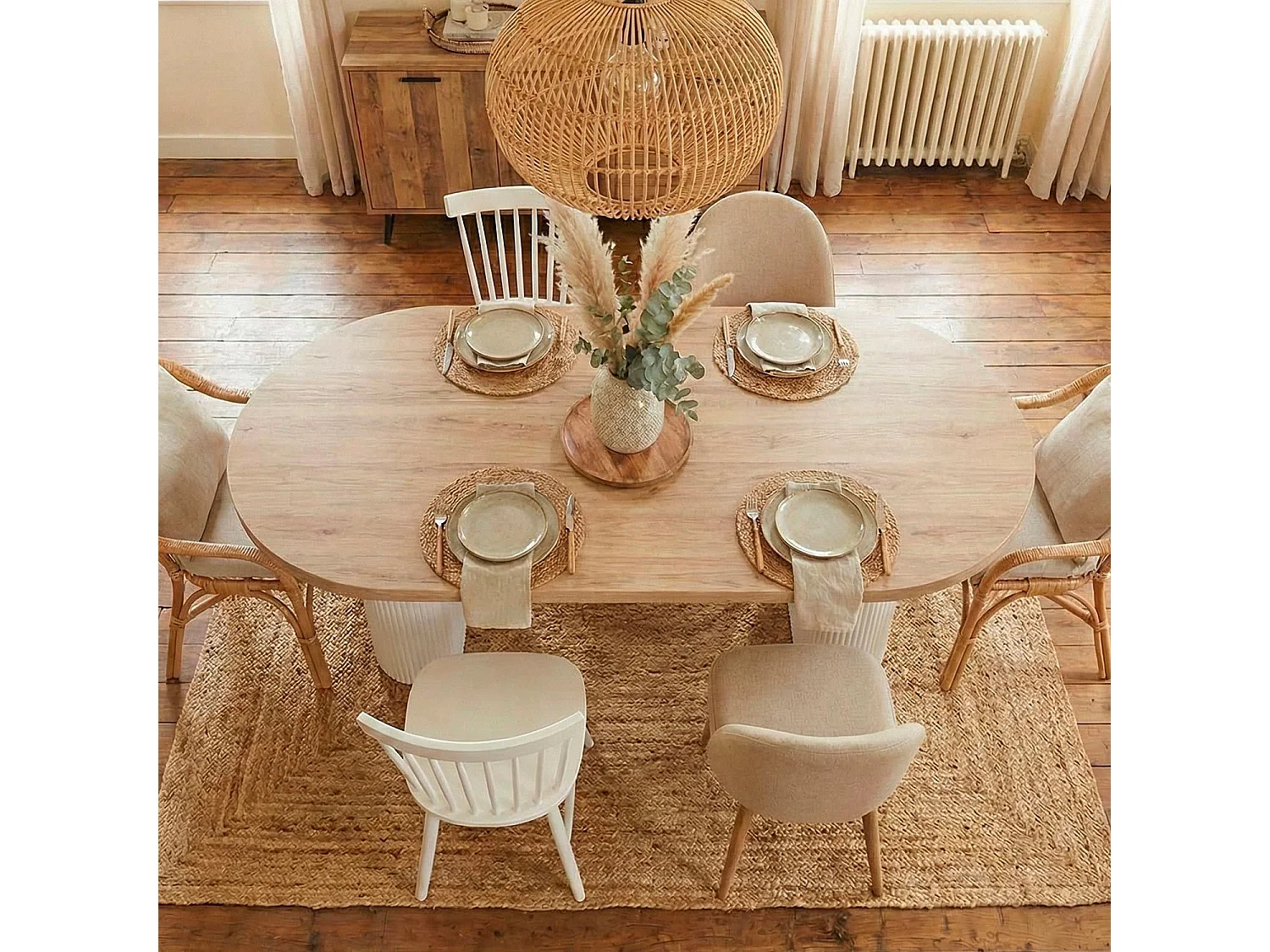 Table ovale Burundi avec pieds design style colonnes Bois Sonoma et Blanc