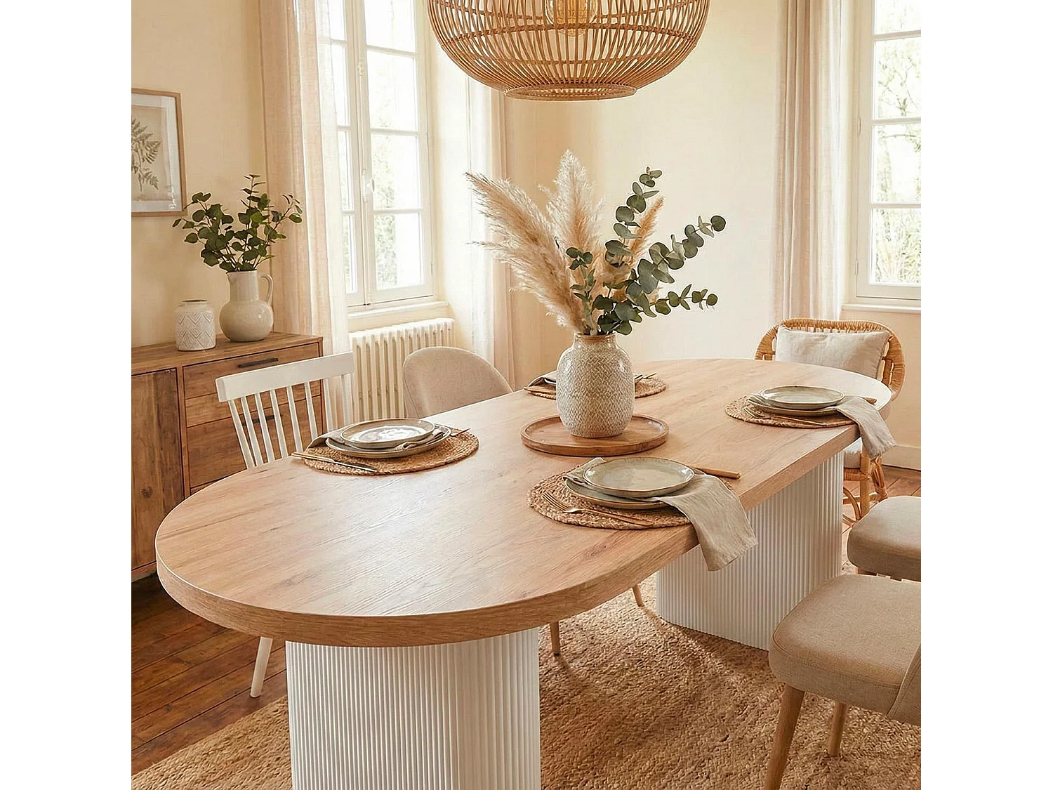Table ovale Burundi avec pieds design style colonnes Bois Sonoma et Blanc