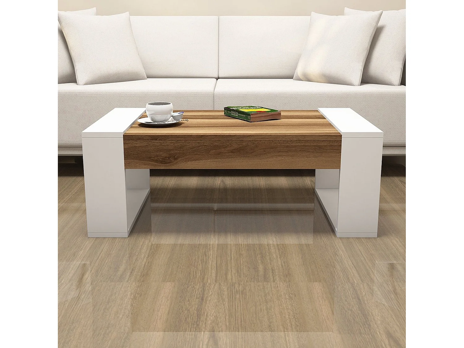 Mesa de café Kailua 1222, Nogal|Blanco, 38x60x102cm, Aglomerado laminado, Angular