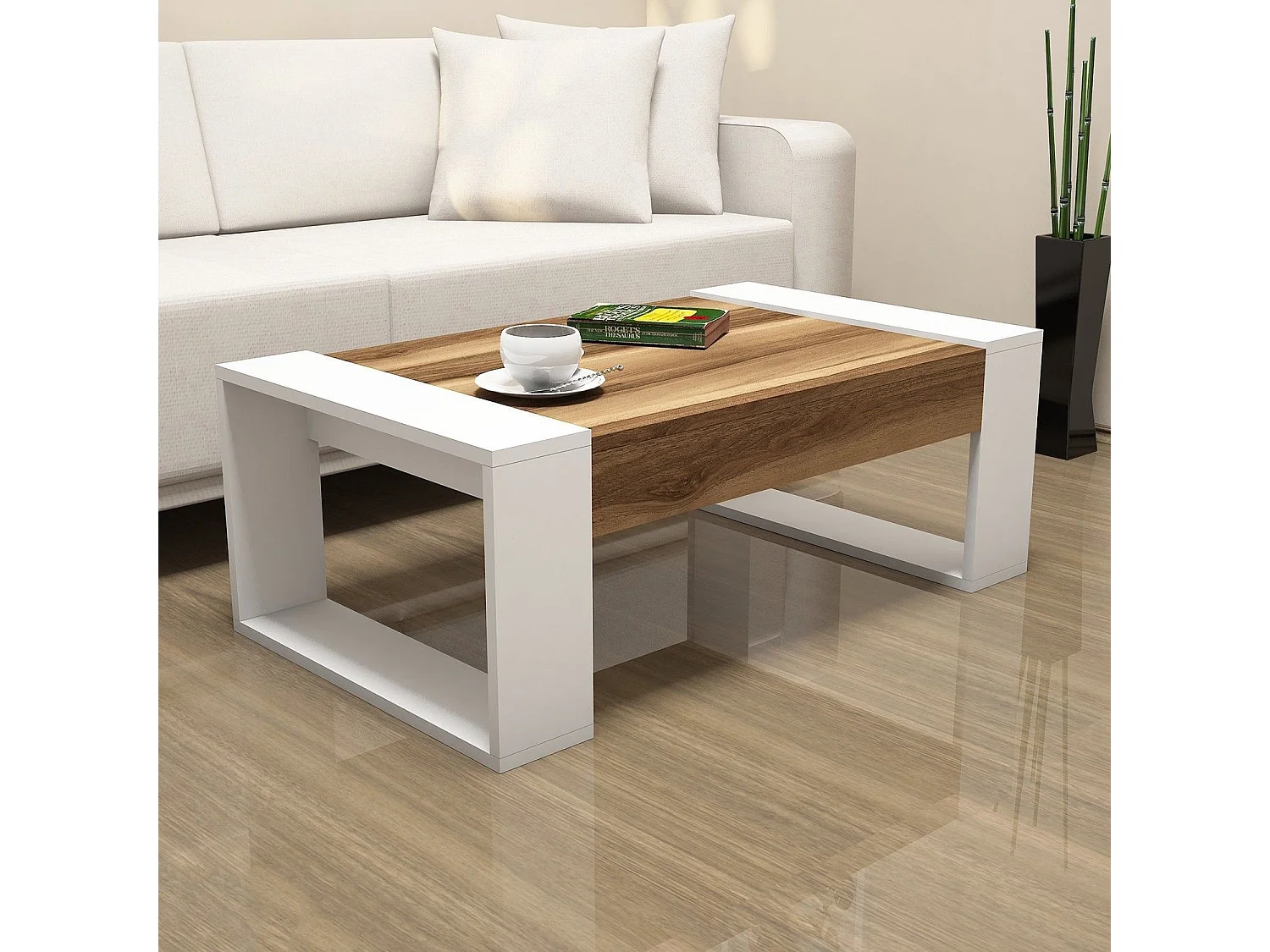 Table basse Maimo L102cm Bois foncé et Blanc