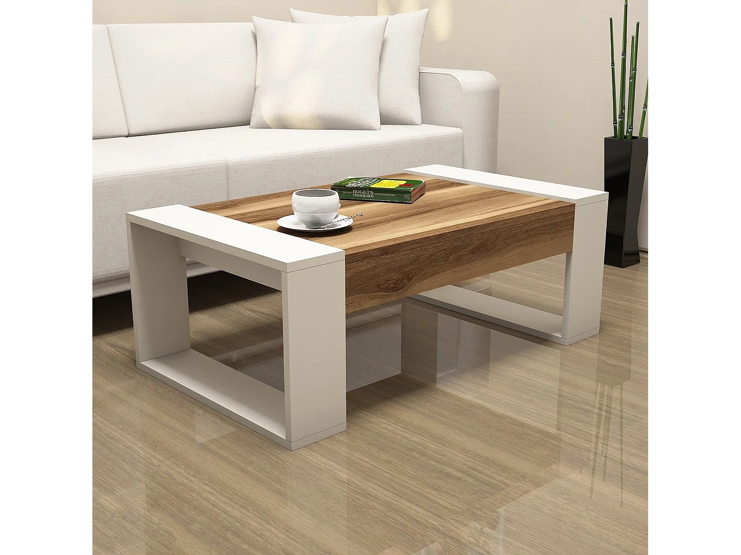 Table basse Maimo L102cm Bois foncé et Blanc crème
