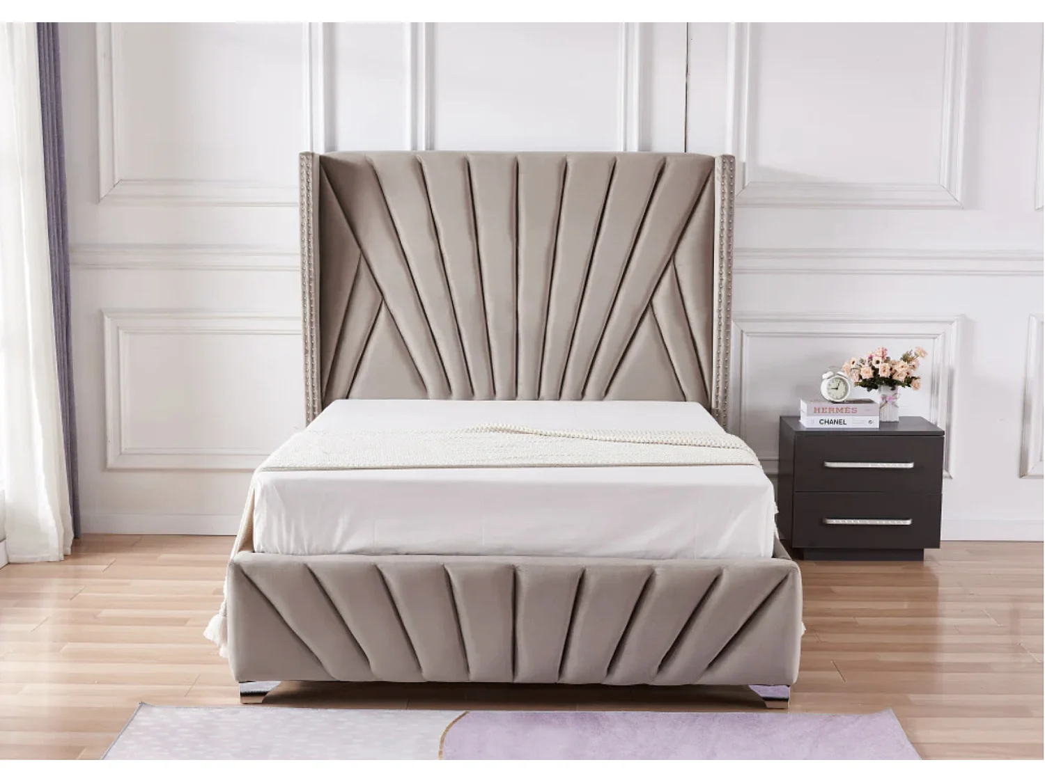 Lit capitonné velours Kalio-Couleur Beige foncé-180x200