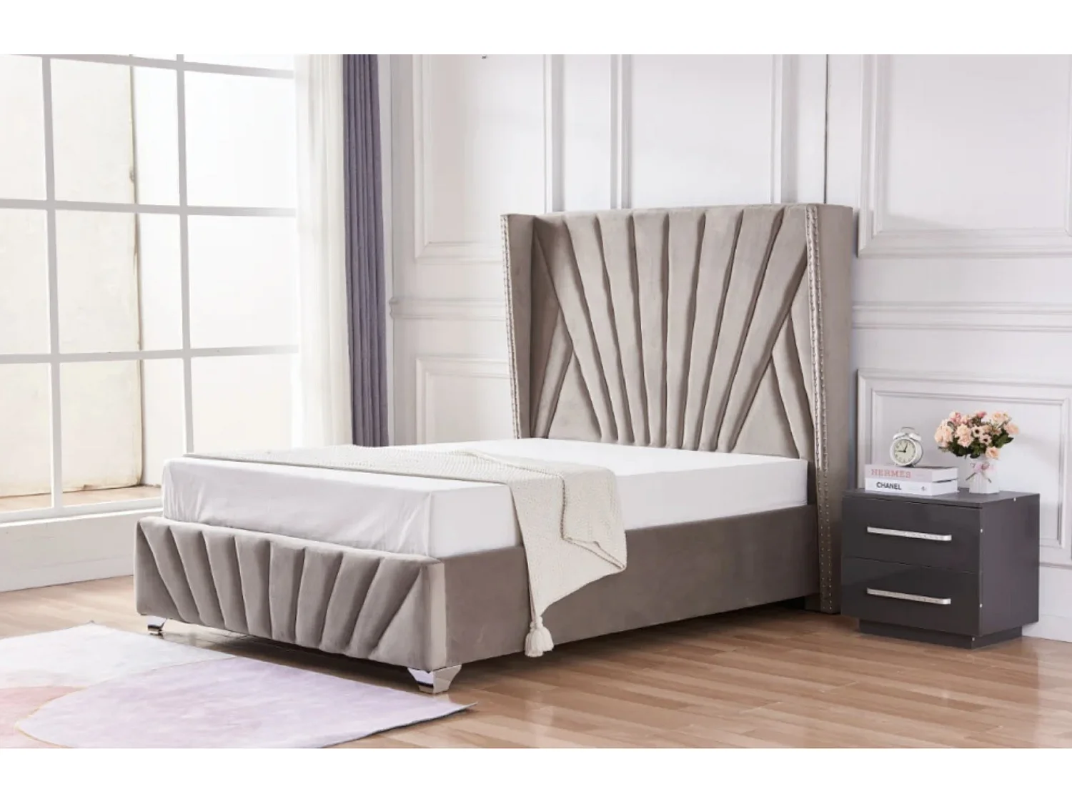 Lit capitonné velours Kalio-Couleur Beige foncé-180x200