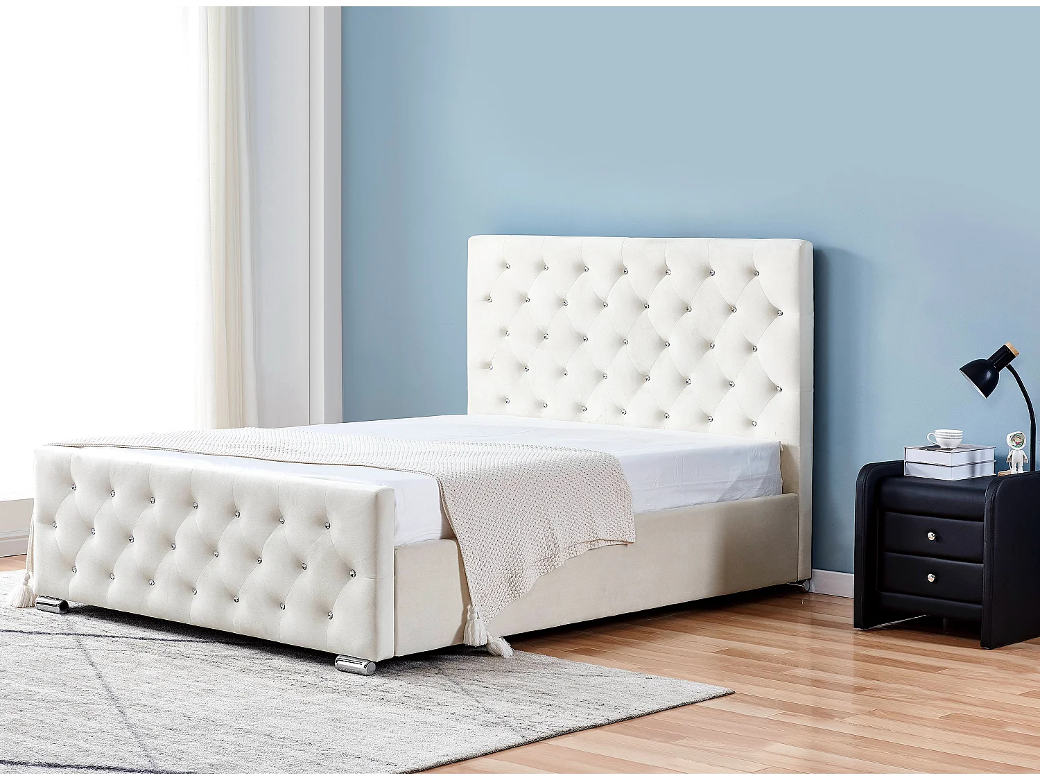 Lit capitonné velours avec boutons scintillants incrustés Luxia-Couleur Blanc-160x200