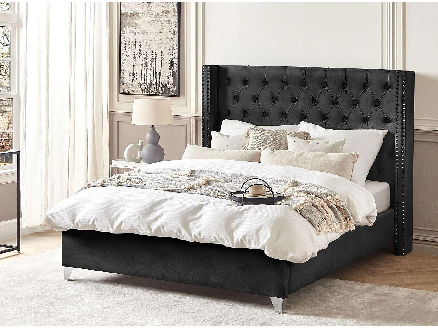 Lit capitonné Chesterfield velours Klouto-Couleur Noir-180x200
