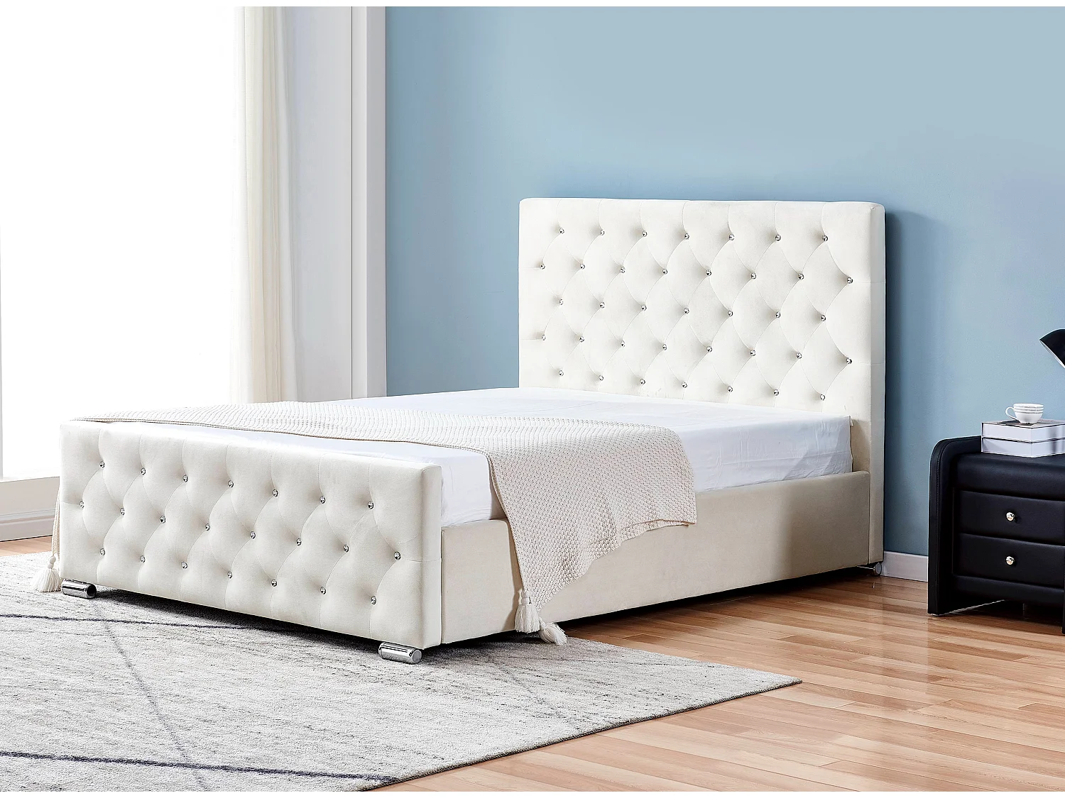 Lit capitonné velours avec boutons scintillants incrustés Luxia-Couleur Blanc-140x190