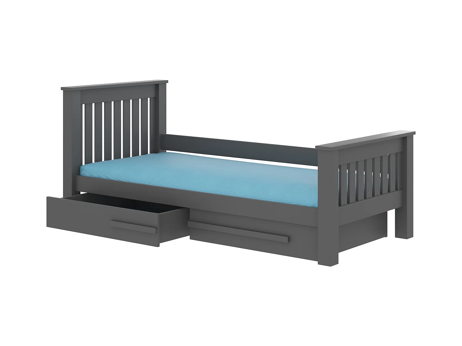 Lit enfant bois pin gris graphite 90x200 avec 2 tiroirs de rangement Rallye