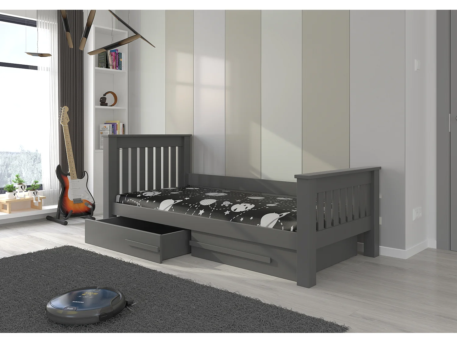 Lit enfant bois pin gris graphite 90x200 avec 2 tiroirs de rangement Rallye