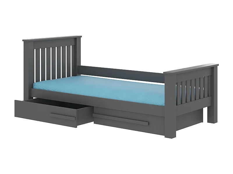 Lit enfant bois pin gris graphite 90x200 avec 2 tiroirs de rangement Rallye