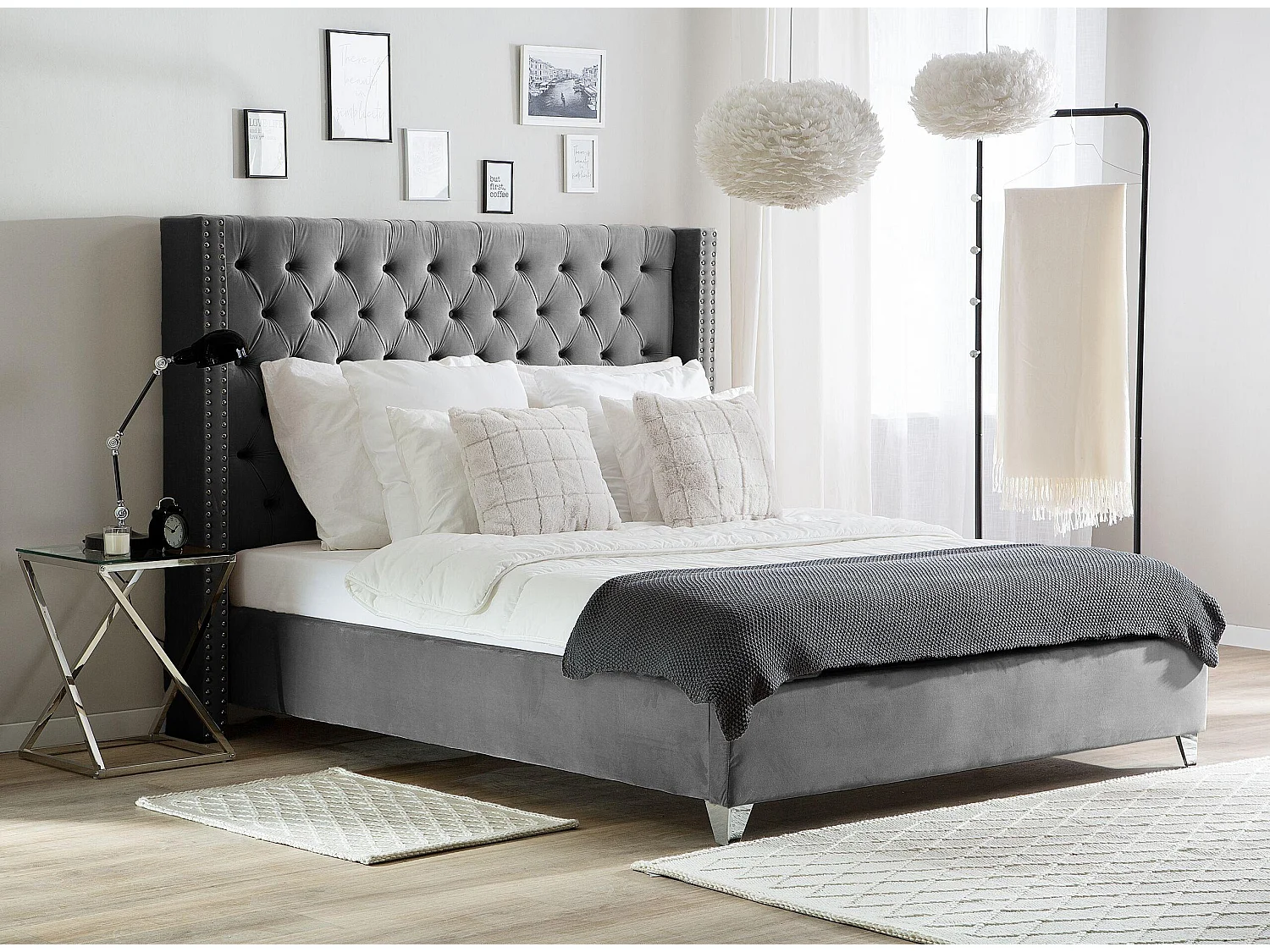 Lit capitonné Chesterfield velours Klouto-Couleur Gris-180x200